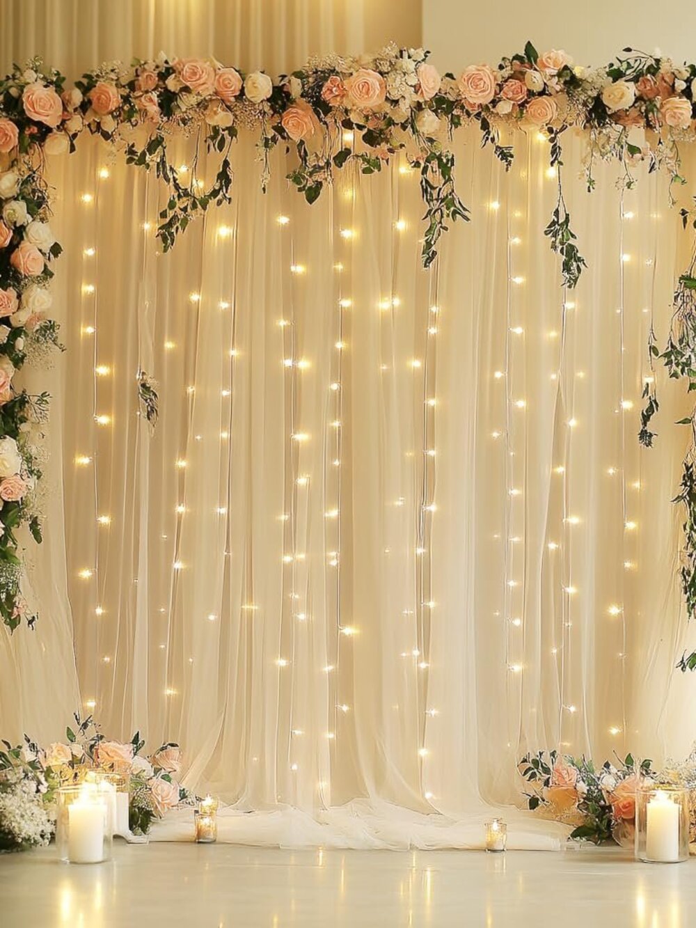 Tulle Backdrop Curtain with Lights 10x8FT Champagne Sheer Curtains
